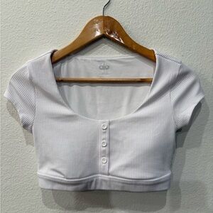 ALO Yoga Cropped Ribbed White Blissful Henley Button Top, Women’s Size Small